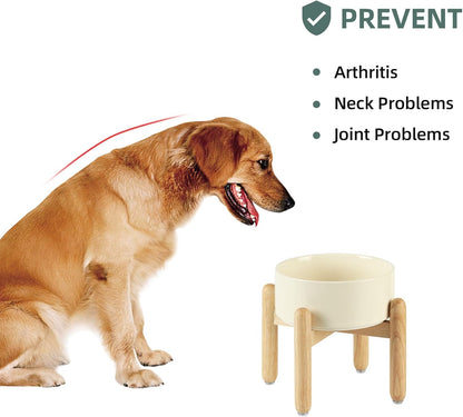 Ceramic 7.3inch Raised Dog Bowl Set, Elevated with Wooden Stand, Food and Water Bowl for Medium Breed Dogs, Weighted Dog Dishes, Pet Feeder(Beige)