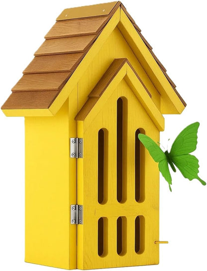 Shingle Roof Butterfly House for Outdoor, Insect House, Vintage Style Cedar Wood Bee House for Garden Outside, Open Door for Easy Cleaning Conservation.Shelter Hotel with Hooks for Hanging (Yellow)