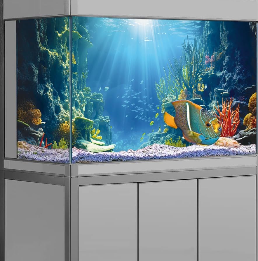 36X20IN Blue Sea Floor Aquarium Background, Natural Underwater World 3D Effect Fish Tank Decorations Background, Art Terrarium Background with 8 EVA Double-Sided Tape