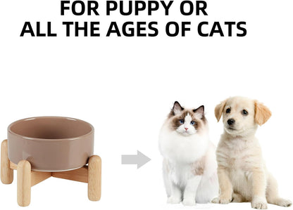 Ceramic 5.1inch Raised Dog and Cat Bowl Set, Elevated with Wooden Stand, Food and Water Bowl for Small Breed Dogs, Cats, Kitty, Weighted Dog Dishes, Pet Bowls(13.5oz, Brown Coffee)
