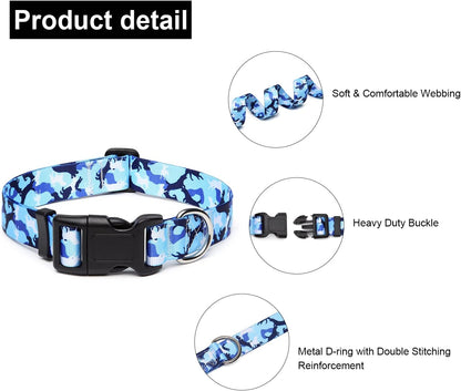 Mercano Adjustable Dog Collar - Special Design Patterns, Soft Nylon Comfortable Durable Pet Collar for Small Medium Large Dogs (S, Dog Camouflage Blue)