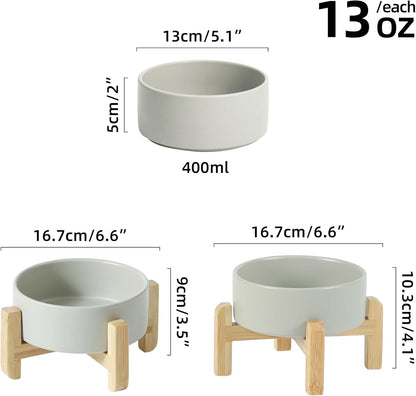 Ceramic Raised Dog and Cat Bowl Set, 2 Heights Elevated Stand, Food and Water Bowl for Small Breed Dogs, Cats, Kitty, Weighted Dog Dishes, Pet Bowls(5.1'',13.5oz, Grey)