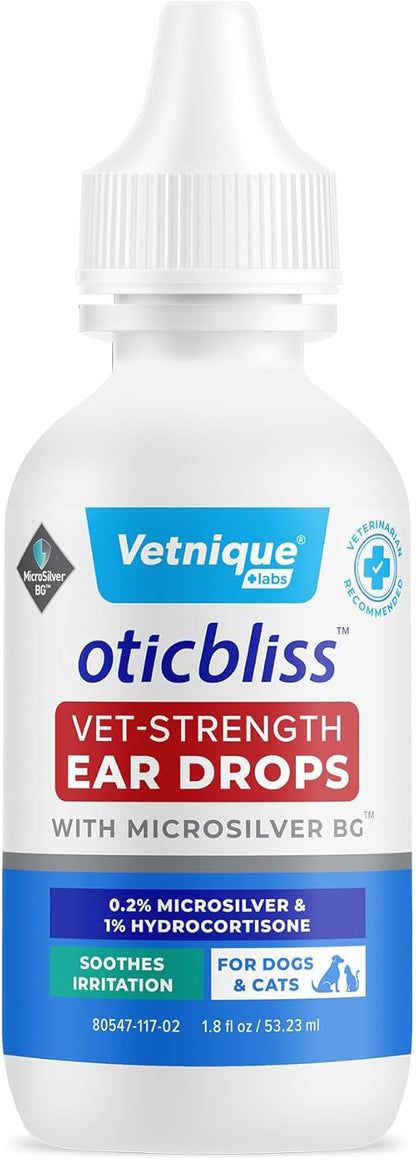 Vetnique Oticbliss Cat & Dog Ear Infection Treatment Drops - with 1% Hydrocortisone & MicroSilver BG for Dog Ear Infections - Vet Recommended Cat & Dog Ear Cleaner for Itchy Ear Relief