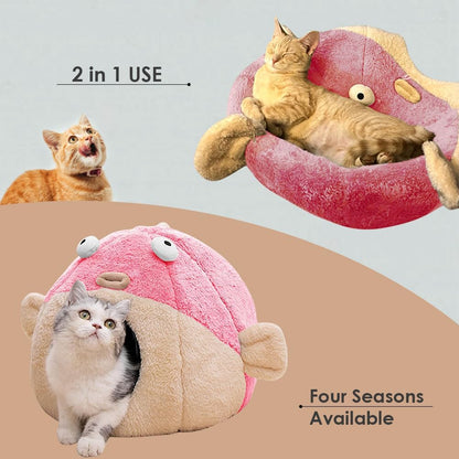 Cat Beds for Indoor Cats - Cat Bed Cave with Removable Washable Cushioned Pillow, Soft Plush Premium Cotton No Deformation Pet Bed, Lively Pufferfish Cat House Design, Pink, Multiple Sizes(M)
