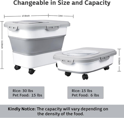 Rice Storage Containers, Collapsible 20 to 30Lbs Food Storage Bin Dispenser with Rolling Wheel and Clear Airtight Lid, BPA Free Flour, Sugar, Cereal and Dog Cat Pet food Containers