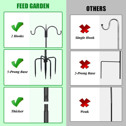 FEED GARDEN Adjustable Double Shepherds Hook for Outdoor with 5 Prong Base 92 Inch Heavy Duty Two Sided Bird Feeder Pole for Hanging Plant Baskets, Solar Light Lanterns, Wind Chimes 2 Pack