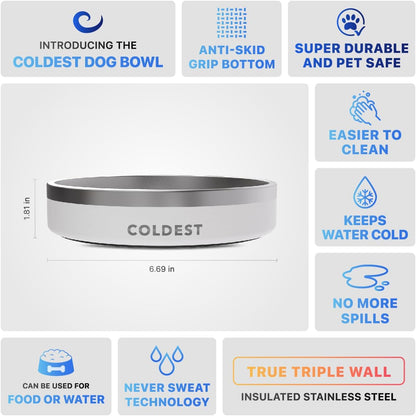 Coldest Dog Bowl - Anti Rust Metal, Non Slip, 3 Layers Insulated Stainless Steel Dog Bowls - Spill Proof & Heavy Duty - Water Bowl for Dogs, Cats & Pets, Dish Washer Safe (21 oz, Epic White)