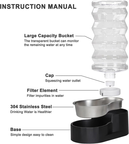 Sfozstra Lagre Gravity Dispenser for Dogs: 8L Black Automatic Stainless Steel Water Bowl Waterer - Great for Family Homes and Outdoor Activities