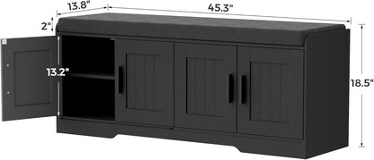 2-Tier Storage Bench, Shoe Bench with Thickened Padded Seat Cushion, Entryway Bench with 4 Doors, Adjustable Shelf, 13.8" D x 45.3" W x 18.5" H, for Entryway, Living Room, Bedroom, Black