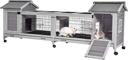 Wooden Rabbit Hutch with Wheels, Indoor Outdoor Bunny Cage with Removable Netting, Guinea Pig House with Leak-Proof Trays