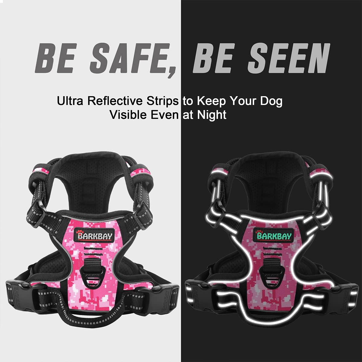 BARKBAY No Pull Dog Harness Front Clip Heavy Duty Reflective Easy Control Handle for Large Dog Walking(Pink camo,XL)