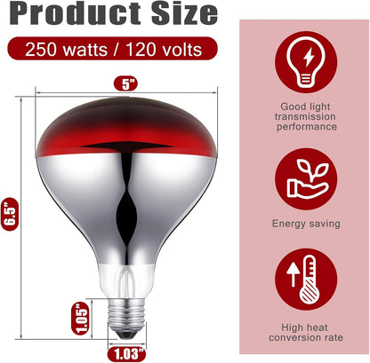 VIHOSE 1 Pack 250 Watt Heat Lamp 120v R40 Heat Lamp Bulbs Glass Incandescent Light Bulbs Incandescent Heating Lightbulbs for Reptiles Chicks Food Puppies Bathroom, Use E26 Base (Red)