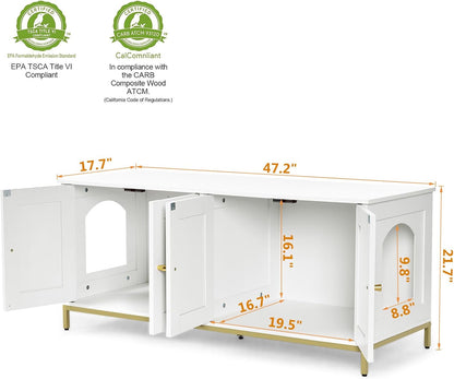 Homhedy Cat Litter Box Enclosure for 2 Cats, Cat Washroom Furniture with Double Room, Pet House with Metal Frame, 47.2”L x 17.7”W x 21.7”H, White and Gold