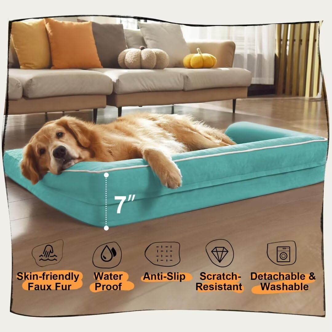Orthopedic Washable Large Dog Bed, Dog Beds with Removable Cover, Large X XL Pet with Bolster, Washable Aqua Blue Dog Beds with Orthopedic Egg Foam for Medium Large Dogs
