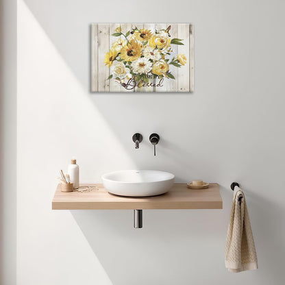 Sunflower Bathroom Pictures Wall Art, Simple Blessed Floral Bathroom Wall Decor, Flower Framed Painting Canvas Artwork for Bedroom Living Room Decorations 24"L x 16"W