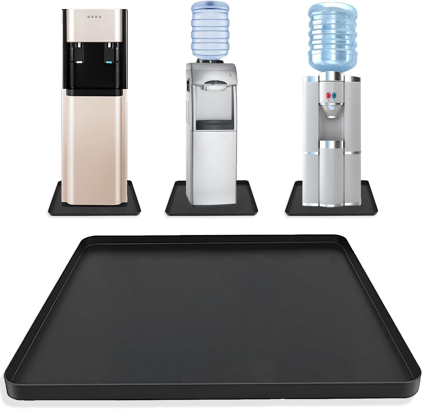 Waterproof Silicone Mat with Raised Edges 24x16 Inch, Water Cooler Mat & Countertop Protector for Hardwood Floors, Non-Slip Kitchen Appliance Pad for Pets Cats Dogs Feeding Bowls, Easy to Clean（Black）