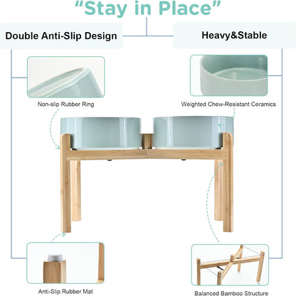 SPUNKYJUNKY Elevated Dog Bowls Ceramic, 8.3'' Dogs Food Water Bowls Raised with Non-Slip Bamboo Stand for Large Sized Breed Microwave Dishwasher Safe - 60 OZ,Light Green