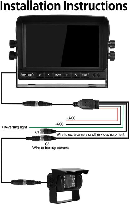 RV Backup Camera and Monitor Kit(12-24V) 7inch HD Monitor Reversing +2 Rear View Camera 170°Wide Angle,18IR Night Vision,Waterproof IP68，Dual Back up Camera for Truck/Trailer/Van/Camper/Vehicles.