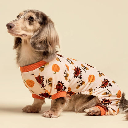 Fitwarm Thanksgiving Turkey Dog Pajamas, Funny Dog Winter Clothes for Small Dogs Girl Boy, Pet Jumpsuit, Cat Onesie with Feet, Lightweight Velvet, Orange, XL