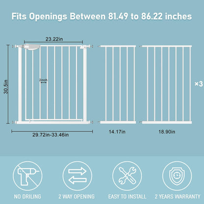 WAOWAO Triple Lock Baby Gate Extra Wide 81.49-85.82" Pressure Mounted Walk Through Swing Auto Close Safety White Metal Dog Pet Puppy Cat for Stairs,Doorways,Kitchen