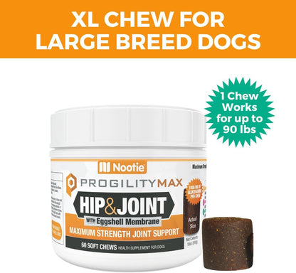 Nootie ProgilityMAX Hip & Joint Supplement for Large Dogs, Maximum Strength Dog Joint Support with Eggshell Membrane, Glucosamine and Chondroitin, 60 Count