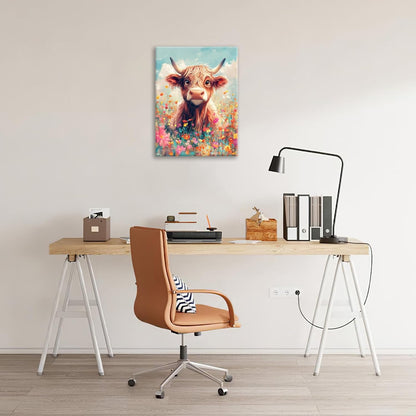 Highland Cow Wall Art Canvas Flower Cattle Wall Decor Prints Framed Painting Animal Pictures Gifts Artwork for Bathroom Living Dining Kitchen 12"x16"