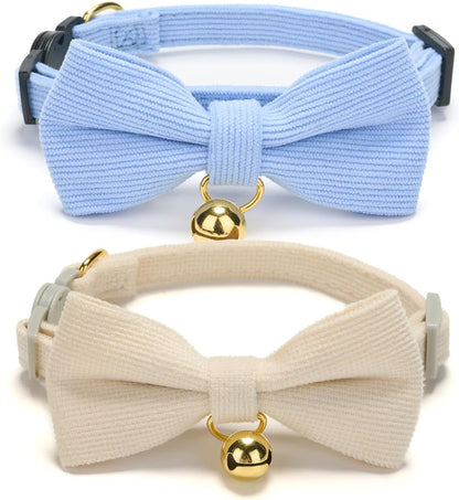 2 Pack Soft Corduroy Cat Collars with Bow Tie & Bell, Adjustable Breakaway Cotton Kitty Bowtie Collar for Female Male Cats(White & Blue)