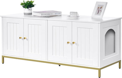 Homhedy Cat Litter Box Enclosure for 2 Cats, Cat Washroom Furniture with Double Room, Pet House with Metal Frame, 47.2”L x 17.7”W x 21.7”H, White and Gold