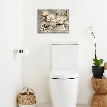 Floral Magnolia Bathroom Pictures Wall Art, Just Breathe Bathroom Wall Decor, Flower Butterfly Framed Painting Canvas Artwork for Bedroom Living Room Decorations 20"L x 16"W