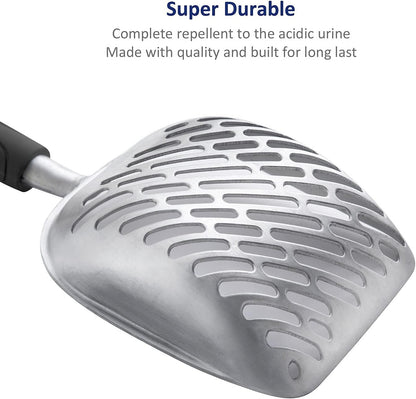 WePet Cat Litter Scoop, Aluminum Alloy Sifter, Kitty Metal Scooper, Deep Shovel with Diagonal Sifting Hole, Long Handle, Kitten Poop Lifter for Litter Box, Large Size, Black Handle