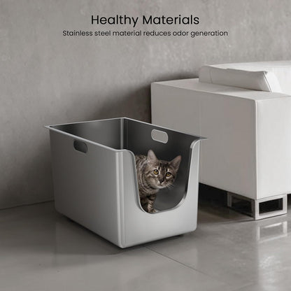 Stainless Steel Litter Box 13.7'' High Sides, XL Metal Cat Litter Box with Curved Low Entry, Cat Litter Pan for Big & Multiple Cats, Pet Toliet with Handy Wheels for Easy Moving