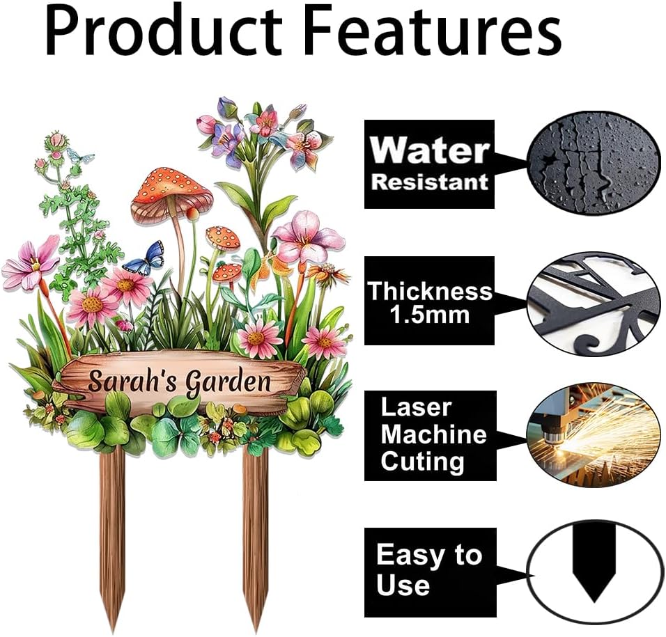 Personalized Mushroom Metal Sign with Stake,Custom Gardener Last Name Signs Outdoor Decoration,Customized Flowers Garden Accessories Decor for Grandma,Butterfly Plaques for Patio Lawn Porch Backyard