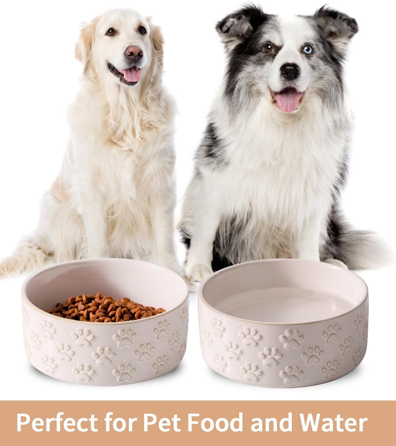 UBEE Ceramic Dog Food Bowl Set of 2, 6.1 inch Dog Dish Bowl with Paw Pattern, Pet Food Water Dish Feeding for Small and Meidum Dogs and Large Cat, White