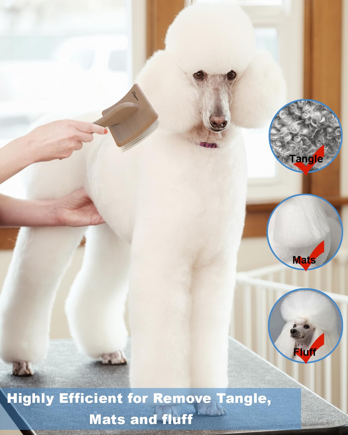 Dog Slicker Brush for Large Dogs, Professional Doodles Brush for Poodles, Goldendoodles and Labradoodles - Easy to Remove Tangles, Mats and Fluff - 3.8"x3.2" Head, 8" Wood Body