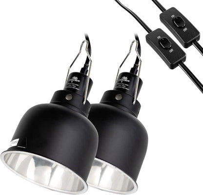 2 Pack Reptile Light Fixture, 5.5in Deep Dome Reptile Lamp Fixture, Optical Reflection Cover, Separate Switche & Hook, Terrarium Light Fixture for Reptile Heat Basking UVB Bulbs, 100W, Black