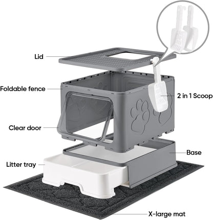 Cat Litter Box with X-Large Litter Mat and Scoop, Large Foldable Litter Box with Lid, Enclosed Kitty Box,Front Top Entry Exit, Odor Control Easy to Clean (Upgrade Dark Grey)