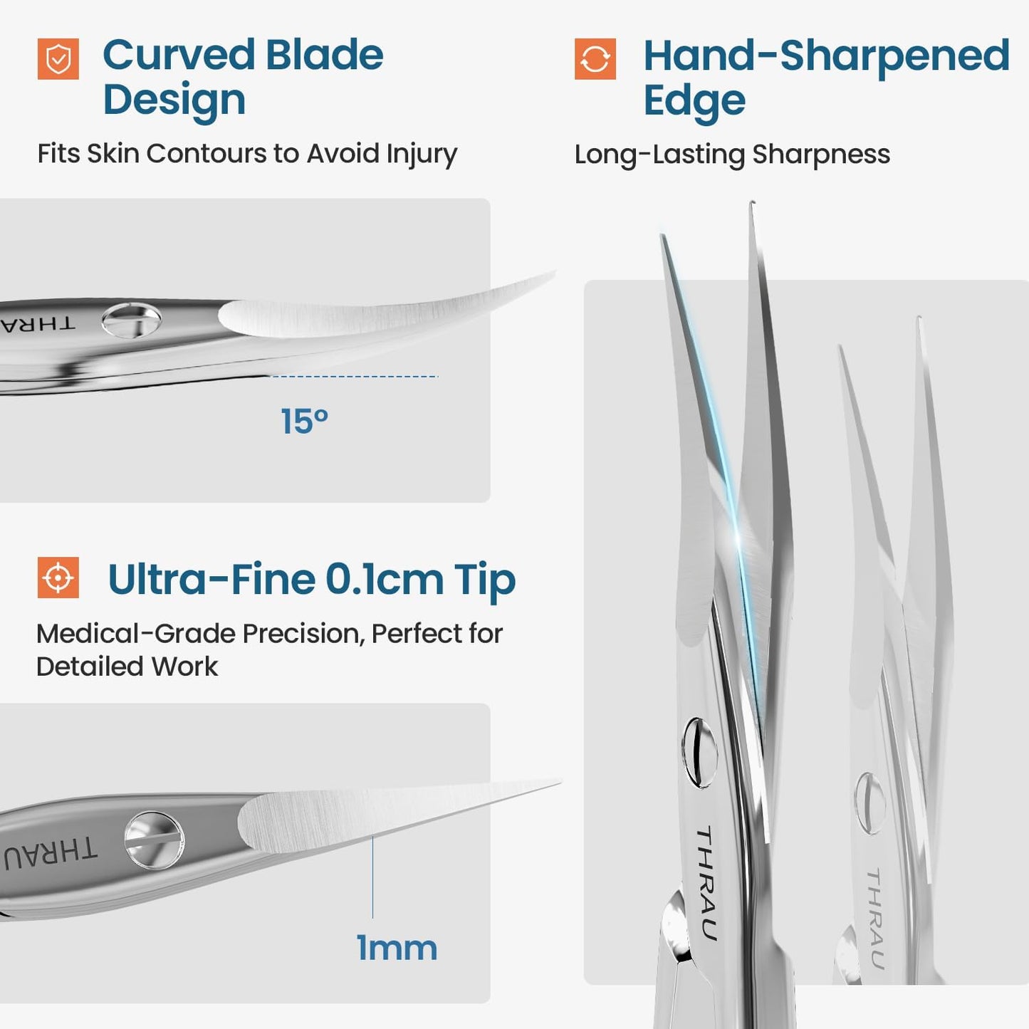 THRAU Left-Handed Cuticle Scissors – Surgical Grade Stainless Steel with Sharp Curved Tip for Cuticles, Nails, Eyebrows, Eyelashes, Nose Hair & Beard – Ideal for Manicure & Precise Grooming