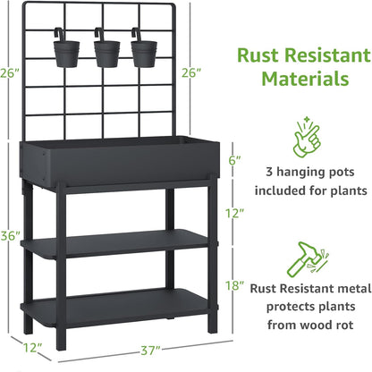 Metal Raised Garden Bed with Trellis, Elevated Planter Box with Legs for Outdoor Patio, Iron Standing Garden Box for Vegetables, Herbs, Flowers, Climbing Plants