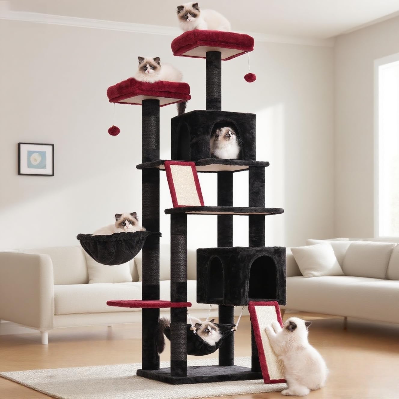 Cat Tree for Indoor Cats, 71'' (180cm) Multi-Level Cat Tower for Large Adult, Gothic Sturdy Cat Tree House with 2 Scratching Boards 7 Posts, 2 Plush Perches/Condos, Hammock, Black GCT032BR