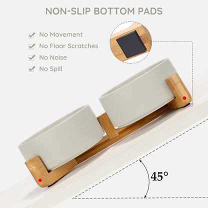 SPUNKYJUNKY Ceramic Dog and Cat Bowl Set with Wooden Stand, Modern Cute Weighted Food Water Set for Large Size Dogs (7.6 Cups, 2 × Grey)