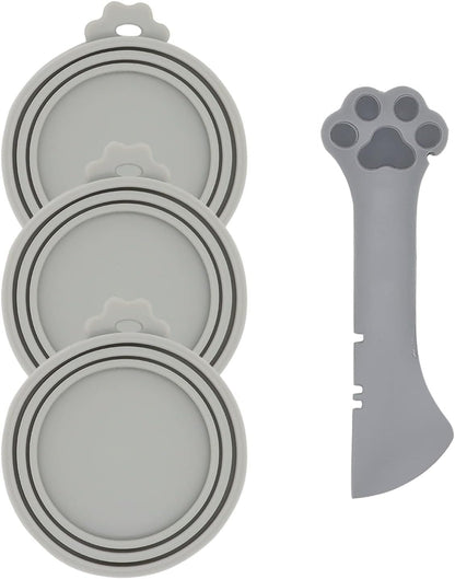 Pet Food Can Spoon & 3 Pcs Can Covers | Cute Paw Shape Opener Spatula Cat Wet Food Spoon | Universal BPA Free Silicone Can Lids & Spoon for Dog Cat Cans(Grey)