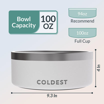 Coldest Dog Bowl - Anti Rust Metal, Non Slip, 3 Layers Insulated Stainless Steel Dog Bowls - Spill Proof & Heavy Duty - Water Bowl for Dogs, Cats & Pets, Dish Washer Safe (100 oz, Epic White)