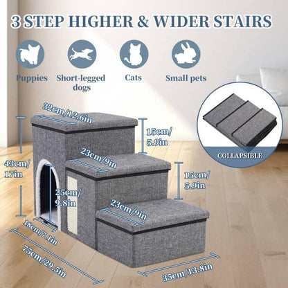 Dog Stairs for High Bed and Couch, 4 IN 1 Foldable Pet Stairs for Cats & Small and Medium Dogs, Adjustable Dog Steps with Pet Climbing Ladders/Cozy Condo/Storage Boxes/Cat Scratcher, Hold Up to 180LBS