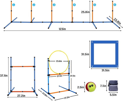 PLKO Dog Agility Equipment Set, Training Starter Kit Dog Obstacle Course,8 Weave Poles, Adjustable Hurdle, Jump Ring, Pause Box and Carrying Bag(Style C)