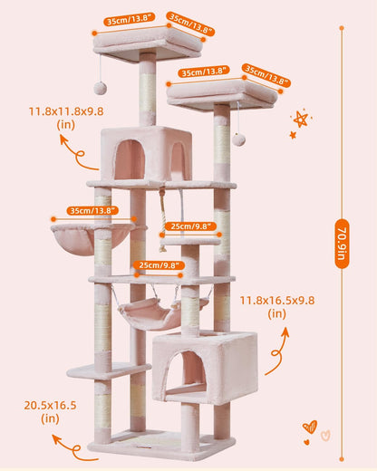 Taoqimiao Cat Tree, 71-Inch Cat Tree Cat Tower for Indoor Cats, Plush Multi-Level Cat Condo with 10 Scratching Posts, 2 Perches,Basket, 2 Caves,Hammock, 2 Pompoms,MS020P Jelly Pink
