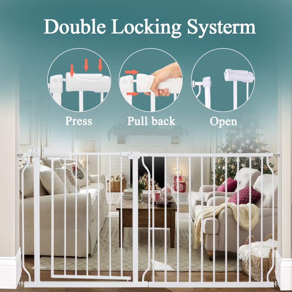 ALLAIBB Extra Wide Pressure Mounted Baby Gate Walk Through Child Kids Safety Toddler Tension White Long Large Pet Dog Gates with Extension for doorways Kitchen and Living Room (71.65-76.38"/182-194cm)