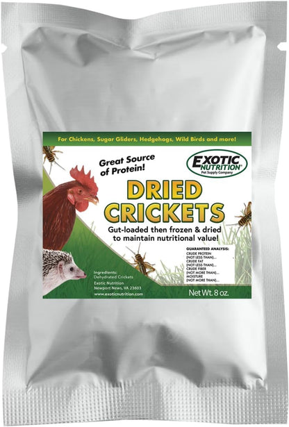 1/2 Pound Dried Crickets - High Protein Insect Treat - Chickens, Wild Birds, Hedgehogs, Bluebirds, Reptiles, Sugar Gliders, Opossums, Skunks, Lizards, Bearded Dragons, Fish, Turtles 8 oz. (1 Pack)