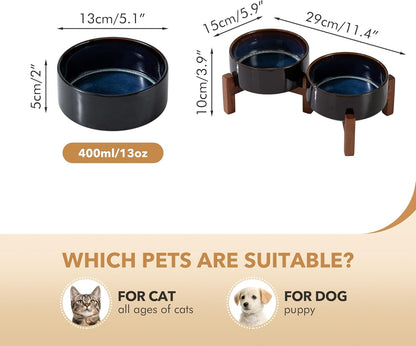 Ceramic 5.1inch Raised Double Bowls Set with Acacia Wood Stand, 2 Heights Elevated, Food & Water Bowls for Puppy, Kitty, Cats(13.5oz, Starry Sky)