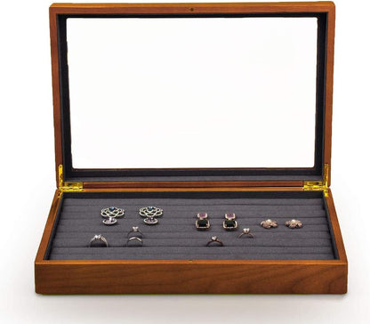 Oirlv Solid Wood Jewelry Display Box Rings Earrings Organizer Case with Acrylic Lid Vintage Gift for Women