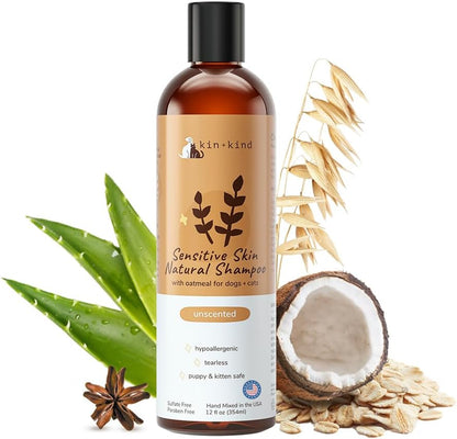 Oatmeal Shampoo for Dogs and Cats by kin+kind - Cat & Dog Shampoo for Sensitive Skin with Colloidal Oatmeal - Safe, Natural Formula with Olive Oil and Coconut Oil (12 fl oz) - Made in USA